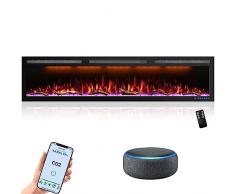 Mystflame Crystal - Camino elettrico da parete, 3 colori di legni e fiamma, termostato 750/1500 W, riscaldamento confortevole, schermo tattile, telecomando, timer (183 cm Wi-Fi)