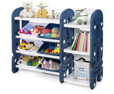 DREAMDE Scaffale per Giocattoli e Libri, Libreria Combinata con 3 File di Cesti Portaoggetti Rimovibili, Mobiletto per Bambini Sicuro Durevole, per Cameretta, Studio e Salotto, 112x35x92 cm (Blu)
