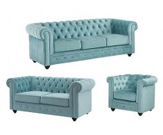 Vente-unique - Divano 3 posti e 2 posti e Poltrona in Velluto Blu pastello - CHESTERFIELD