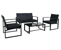 ARO Set di mobili da giardino (4 pezzi) con divano, acciaio/rattan, con tavolino, resistente alle intemperie, nero