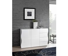 Dmora Credenza ondulata, Madia di design a 2 ante e 4 cassetti, Made in Italy, Mobile Porta TV, Buffet da soggiorno, cm 124x40h81, colore Bianco lucido