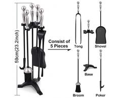 Amagabeli 5 Pezzi Set di Strumenti per Caminetti Set di Maniglie Dargento Porta Attrezzi, Paletta, Pinza, Scopetta, Attizzatoio, Set Attrezzi per Camino