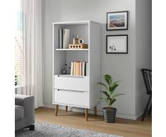 WIFESE 60x35x133,5 cm Libreria Scaffale Legno con 2 Scomparti e 2 Cassetti Librerie Libreria Verticale Scaffale Soggiorno Scaffali In Legno Bianco Armadio Ufficio in Legno Massello di Pino