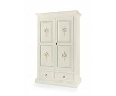 Mar.c.a. Design - Armadio con 2 Porte e Cappello a Gendarme Dritto in Legno di Pioppo Color Bianco Decorato, Mobile da Interno Arte Povera Made in Italy - Misura 125x61x200h
