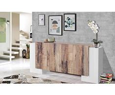 Dmora Credenza moderna a 6 ante, Made in Italy, Madia da cucina, Buffet di design da soggiorno, cm 210x45h85, colore Bianco lucido e Acero