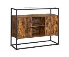 VASAGLE Armadietto, Credenza, Armadio da Stoccaggio con Piano in Vetro Temperato e Scomparti Aperti, Soggiorno, Corridoio, Struttura in Acciaio Stabile, Industriale, Marrone Vintage e Nero LSC014B01