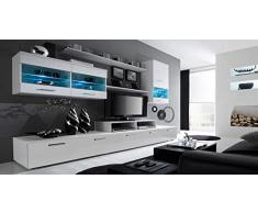 Home Innovation - Mobile Soggiorno - Parete da Soggiorno moderno con LED, Bianco Mate e Bianco Laccato, dimensioni: 250 x 194 x 42 cm di profondità.