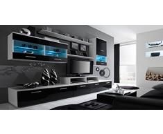 Home innovazione - Mobile Soggiorno - Parete da Soggiorno moderno con LED, Bianco Mate e Nero Laccato, dimensioni: 250 x 194 x 42 cm di profondità.