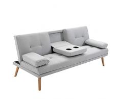 homcom Divano Letto 3 Posti Design Scandinavo Reclinabile con 2 Braccioli Staccabili Rivestito in Lino Gambe in Legno Massello Tavolino a Ribalta Grigio 181x77x72 cm