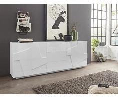 Dmora Bianco Lucido Credenza Moderna a 4 Ante e 3 cassetti, Made in Italy, Madia da Cucina con Dettaglio, Buffet di Design da Soggiorno, cm 224x44h86, Colore