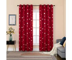 GIRASOLE HOME® Coppia Tende Oscuranti Morbide Fantasia Stelle Argentate Tenda Morbida per Interni con Occhielli 2 Pannelli (Rosso, 140x290cm)