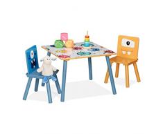 Relaxdays Tavolo e Sedie per Bambini, Set Cameretta, MDF e Legno, per Disegnare e Colorare, Motivo Mostri, Colorato, 80% Fibra 20%, 44 x 60 x 60 cm