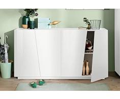 Dmora Bianco Lucido Credenza Moderna a 4 Ante, Made in Italy, Madia da Cucina, Buffet di Design da Soggiorno, cm 159x43h86, Colore Small