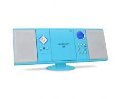 oneConcept V-12 - Mini Impianto Stereo, Stereo CD, per Bambini, Lettore CD MP3, Porta USB, SD, AUX-IN, Telecomando, Display LCD, Sveglia, Orologio, Montaggio a Parete, Azzurro