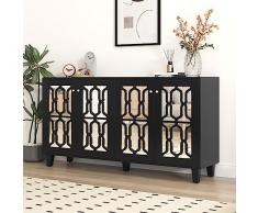 Sweiko Cassettiera con 4 ante, cassettiera con maniglie in cristallo, credenza con ripiano regolabile, cassettiera in legno, multiuso, per corridoio, camera da letto, soggiorno, bagno, colore nero