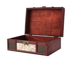 HKHJ Scrigno del Tesoro in Legno, Cassapanca Vintage Bauletto Stile Antico Cassaforte Scatole per Gioielli Porta Gioielli Beauty Case,A