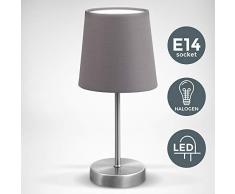 Lampada da comodino, Lampada da tavolo con paralume in tessuto grigio, adatta per lampadina E14 non inclusa max 25W, altezza 30.8cm, abat-jour per camera con interruttore on off sul filo, IP20, 230V