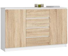 AKORD Cassettiera K 160 cm | 4 Cassetti e 2 Ante | Moderna Mobiletto per il soggiorno Camera da letto Armadio Soggiorno Bagno | Salvaspazio | Bianco | Rovere Sonoma