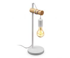 B.K.Licht, Lampada da tavolo in metallo bianco e legno, lampadina E27 non inclusa, lampada da comodino vintage, lampada da scrivania dal design industriale, ideale per ambienti rustici e moderni, IP20