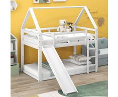 Lettino per bambini, 90 x 200 cm, letto a castello con 2 posti letto, rete a doghe, scala e scivolo, letto in legno di pino, con protezione anti-caduta (bianco, 90 x 200 cm)