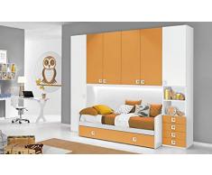 Dafne Italian Design Cameretta Completa a Ponte - Bianco, Mandarino (Doppio Letto Singolo e Armadio) (cm. 300 x 96 x 259h)