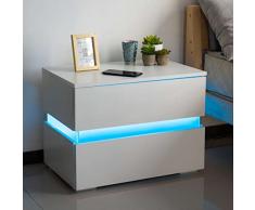 BAKAJI Comodino Camera da Letto Mobiletto Cassettiera 2 Cassetti con Luce a LED Cambio Colore Design Moderno in legno MDF Lucido Mobile Arredo Casa Dimensione 60X45X39 cm