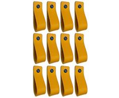 Maniglie di Cuoio | Giallo Ocra / 12 pezzi | 16,5 x 2,5 cm | Pelle di buona qualita | 3 viti colorate | Maniglie di pelle per mobili: la cucina, armadio, porta, comodino