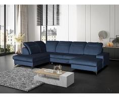 Vente-unique - Divano letto panoramico in Velluto Blu notte Angolo a sinistra - SANTANA