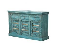 Cassettiera orientale Casa Moro Fadoua, 150 x 40 x 90 cm (L x P x A), stile coloniale, in vero legno di mango, colore: Turchese