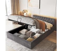 Merax Letto imbottito con cassettone letto 140x200 cm tessuto velluto letto matrimoniale con rete a doghe e vano portaoggetti stile semplice grigio
