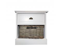 Rebecca Mobili Comodino Cassettiera 1 Cassetto 1 Cesto Legno Paulownia Vimini Bianco Marrone Shabby Camera Bagno (cod. RE4423)