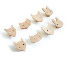 4 maniglie per mobili per bambini, in legno di quercia non trattato, pomelli per comò, armadio, cassetto, porta, cameretta dei bambini (4, volpe, gatto, coniglio, cane)