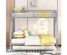 Moimhear Letto a castello, letto in metallo con letto estraibile, con scala su entrambi i lati per bambini, adolescenti, adulti, facile da montare, 90 (140) x 200 cm (argento)