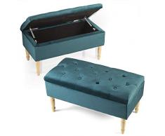 MONTEMAGGI Poggiapiedi Cassapanca Contenitore in Velluto Blu Petrolio con Gambe in Legno 80X39X40 cm