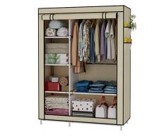UDEAR Armadio di Tela Portatile Cabina Guardaroba di Vestiti Stoccaggio in Acciaio Tessuto Beige