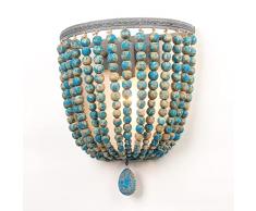 JCPYIUL Lampada da parete vintage con naturale perline di legno Finitura blu grigio Retro antico bohemien Boho rustico Applique da Parete per ingresso da pranzo Camera da letto