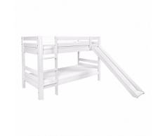 Letto a castello per ragazzi, 90 x 200 cm, in legno di faggio massiccio, a 2 piazze, bianco, per cameretta dei bambini, con scivolo, in legno massiccio, con rete arrotolabile 90 x 200 cm, divisibile
