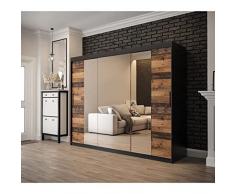 mb-moebel Armadio da camera con 3 ante e Specchio scorrevoli Spogliatoio Armadio (Tringle) con ripiani (LxAxP): 250x200x62 cm - Alter STIL T2 (senza cassetti) Old Style/Nero