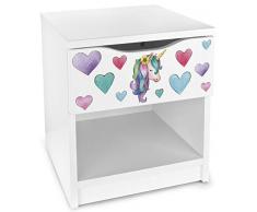 Leomark comodino moderno in legno con cassetto e scompartimento apertoin, comodino per bambini, colore bianco con motivo UNICORNO, dimensioni: 40cm x 38cm x 42cm (LxWxH)