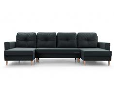 Ampio divano angolare XXL a U panoramico convertibile in letto con contenitore, 6/7 posti, in tessuto, per soggiorno e salone, 300 x 137 x 84 cm, Carl U, grigio scuro