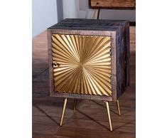 SIT-Möbel Peetal - Comodino Mango con Ottone. Pelle + Legno Anticato, Gambe in Metallo L = 45 x B = 33 x H = 60 cm Marrone con Frontale Dorato e Gambe