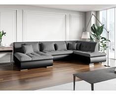 Vente-unique - Divano letto panoramico in Tessuto testurizzato e Similpelle Grigio e Nero - Angolo a destra - SONDRIO