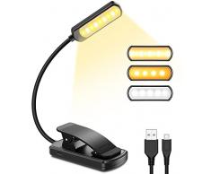 Luce per Lettura Libri a Letto, 10 LED 3 Colore Dimmerabile Luce da Lettura per Libro, USB Ricaricabile Lampada da Lettura con Pinza, Luce Lettura Libro Notturna per Laptop PC Tastiera Viaggio Kindle