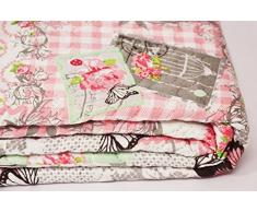 Copriletto trapuntato In Microfibra Shabby chic - 2 piazze. letto matrimoniale - Farfalle Rosa e Verde acqua