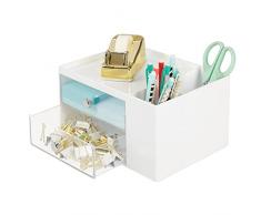 mDesign Organizer ufficio per riporre cancelleria – Pratica mini cassettiera da scrivania – 2 cassetti scrivania in plastica, 2 scomparti laterali e comodo vassoio in cima – bianco/trasparente