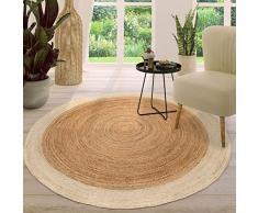 TT Home Tappeto Fibra Naturale Juta Soggiorno Rotondo Etnico Boho Fatto A Mano Bordura, Colore:Ivory, Dimensione:80 cm Rund