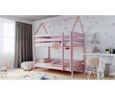 Letto a Castello design Casetta per Bambini 90x190 90x200 80x160 cm Letto a Castello 2 posti per Bambini in Solido Legno di Pino - 160x80 cm - Rosa