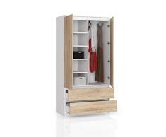 BDW - Armadio a 2 ante, 4 ripiani, spazio per appendere, 2 cassetti, per camera da letto, soggiorno e corridoio, 180 x 90 x 51 cm (bianco/ rovere Sonoma)