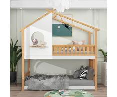 Merax Letto a castello 200 x 90 cm, letto singolo con rete a doghe, in legno, per ragazze e ragazzi, colore naturale+bianco