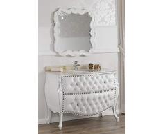 Simone Guarracino Como cassettone lavabo bombato e Specchio Stile Barocco Moderno Bianco Laccato e Foglia Argento Marmo Crema Ecopelle Bianca Bottoni pomelli Swarovski